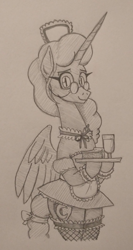 Size: 460x862 | Tagged: safe, artist:jargon scott, imported from derpibooru, oc, oc only, oc:nyx, alicorn, pony, bipedal, clothes, female, fishnets, food, glass, glasses, grayscale, looking at you, maid, mare, monochrome, older, older nyx, pencil drawing, pie, serving tray, smiling, smiling at you, solo, traditional art