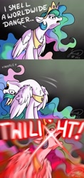 Size: 2414x5120 | Tagged: safe, artist:julunis14, imported from derpibooru, princess celestia, alicorn, pony, 3 panel comic, comic, dialogue, distortion, glowing, glowing eyes, inhaling, inhaling seagull meme, joke, meme, redraw, screaming, signature, silly, solo