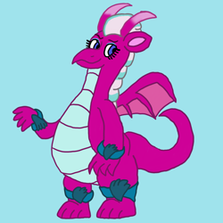 Size: 1000x1000 | Tagged: safe, artist:mintwhistle, imported from derpibooru, opaline arcana, dragon, antagonist, atg 2023, colored, confident, dracopaline, dragon wings, dragoness, dragonified, eyeshadow, female, flat colors, g5, gauntlet, horns, light blue background, makeup, newbie artist training grounds, simple background, smiling, smug, solo, species swap, villainess, wings