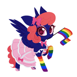 Size: 894x894 | Tagged: safe, artist:belka-sempai, imported from derpibooru, oc, oc only, oc:threadwing, pegasus, bow, clothes, crossdressing, dress, eyeshadow, femboy, gay pride flag, hair bow, makeup, male, mary janes, mouth hold, pegasus oc, pride, pride flag, rainbow socks, shoes, simple background, socks, solo, spread wings, striped socks, transparent background, wig, wings