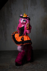 Size: 800x1200 | Tagged: safe, artist:essorille, imported from derpibooru, pinkie pie, anthro, unguligrade anthro, clothes, fursuit, hat, solo