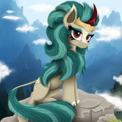 Size: 4000x4000 | Tagged: safe, artist:ser-p, imported from derpibooru, rain shine, kirin, absurd resolution, cloud, cloven hooves, female, looking at you, mountain, solo