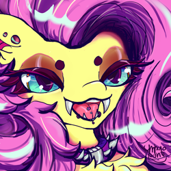 Size: 3000x3000 | Tagged: safe, artist:umbrapone, imported from derpibooru, fluttershy, bat pony, pony, bat ears, bat ponified, bedroom eyes, bust, chest fluff, collar, ear piercing, eyeshadow, fangs, flutterbat, fluttergoth, high res, leather, leather collar, lidded eyes, lip piercing, makeup, maw, piercing, pink mane, portrait, race swap, solo, spiked collar, tongue piercing