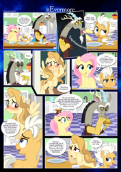 Size: 3259x4607 | Tagged: safe, artist:estories, imported from derpibooru, discord, fluttershy, oc, oc:alice goldenfeather, oc:fable, draconequus, pegasus, pony, comic:nevermore, ..., apple, blushing, bread, breakfast, comic, cup, eating, egg, eyes closed, food, implied shipping, jam, messy mane, mouth hold, muffin, open mouth, pegasus oc, question mark, show accurate, speech bubble, teacup, toast, toaster, wings