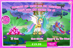 Size: 1958x1300 | Tagged: safe, imported from derpibooru, princess celestia, alicorn, pony, advertisement, armor, bush, costs real money, crown, english, female, gameloft, gem, helmet, horn, jewelry, mare, mobile game, my little pony: magic princess, numbers, official, regalia, sale, solo, spread wings, text, throne, wings
