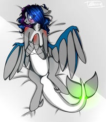 Size: 873x1000 | Tagged: artist needed, source needed, safe, imported from derpibooru, oc, oc only, oc:nightsong, hybrid, original species, pony, shark, shark pony, elepatrium, kalharia, kalharia's wings, piercing, shoulder blush, simple background, solo, tail, tail piercing, universe elepatrium, white background