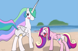 Size: 1659x1080 | Tagged: safe, artist:drasill, imported from derpibooru, princess cadance, princess celestia, alicorn, pony, beach, blushing, butt, diaper, diaper fetish, duo, duo female, embarrassed, female, fetish, island, mare, non-baby in diaper, ocean, plot, raised hoof, water