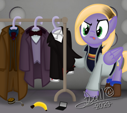 Size: 1756x1561 | Tagged: safe, artist:tidmouthmilk12, imported from derpibooru, doctor whooves, time turner, human, pegasus, atg 2023, banana, boots, bowtie, clothes, crossover, doctor who, food, newbie artist training grounds, psychic paper, seal of rassilon, shoes, socks, solo, thirteenth doctor, yo-yo