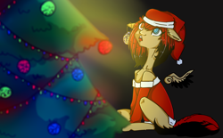 Size: 1618x1000 | Tagged: artist needed, source needed, safe, imported from derpibooru, oc, oc only, oc:lya the shaikan, pegasus, pony, black background, christmas, christmas tree, clothes, colored wings, costume, happy new year, hat, heterochromia, holiday, santa costume, santa hat, simple background, solo, tree, two toned mane, two toned wings, wings