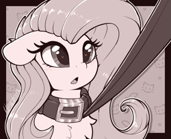 Size: 1115x907 | Tagged: safe, artist:llametsul, imported from derpibooru, fluttershy, pegasus, pony, atg 2023, blushing, collar, flutterpet, heart, heart eyes, leash, monochrome, newbie artist training grounds, open mouth, pony pet, signature, solo, wingding eyes