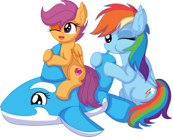 Size: 8230x6522 | Tagged: safe, artist:cyanlightning, imported from derpibooru, rainbow dash, scootaloo, pegasus, pony, whale, air nozzle, blowing, cute, cutealoo, dashabetes, ear fluff, female, filly, foal, inflatable, inflatable toy, inflating, looking at you, loonerdash, mare, one eye closed, pool toy, puffy cheeks, riding, scootalove, siblings, simple background, sisters, transparent background, vector, wink