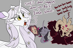 Size: 1800x1200 | Tagged: safe, artist:redahfuhrerking, imported from derpibooru, fhtng th§ ¿nsp§kbl, oc, oc:edelweiss, classical unicorn, demon, pony, unicorn, them's fightin' herds, cloven hooves, community related, curved horn, horn, leonine tail, magic, oleander (tfh), unshorn fetlocks