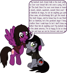 Size: 2122x2303 | Tagged: safe, artist:lightningbolt, derpibooru exclusive, imported from derpibooru, pegasus, pony, unicorn, .svg available, best friends, blushing, clothes, dialogue, disguise, disguised siren, duo, duo male, embarrassed, fangs, floppy ears, flying, horn, hug, jewelry, kellin quinn, male, necklace, nose piercing, open mouth, pierce the veil, piercing, ponified, shirt, show accurate, simple background, sitting, sleeping with sirens, slit pupils, speech bubble, spread wings, stallion, svg, t-shirt, talking, transparent background, vector, vic fuentes, wings