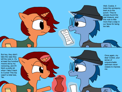 Size: 2000x1500 | Tagged: safe, artist:blazewing, imported from derpibooru, oc, oc only, oc:syntax, oc:tough cookie, unicorn, 2 panel comic, atg 2023, blue background, clothes, comic, duo, fedora, glasses, happy, hat, jacket, magic, magic aura, newbie artist training grounds, paper, raised hoof, sad, simple background, smiling, talking, telekinesis, text, vase, vest