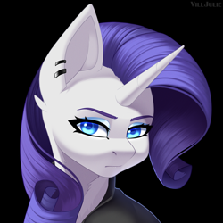 Size: 1024x1024 | Tagged: safe, artist:villjulie, imported from derpibooru, rarity, pony, unicorn, black background, bust, ear clip, simple background, solo