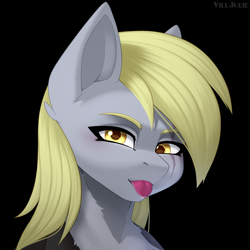 Size: 1024x1024 | Tagged: safe, artist:villjulie, imported from derpibooru, derpy hooves, pegasus, pony, :p, black background, bust, eye scar, facial scar, scar, simple background, solo, tongue out