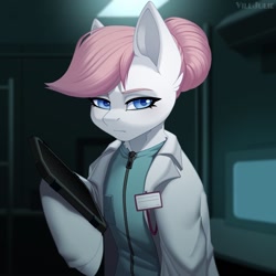 Size: 1024x1024 | Tagged: safe, artist:villjulie, imported from derpibooru, nurse redheart, earth pony, semi-anthro, clothes, lab coat, solo, tablet