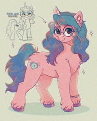 Size: 870x1080 | Tagged: safe, artist:twinkesss, imported from derpibooru, izzy moonbow, pony, unicorn, chest fluff, ear fluff, g5, glasses, smiling, solo, standing, unshorn fetlocks