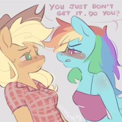 Size: 3600x3600 | Tagged: safe, artist:goshhhh, imported from derpibooru, applejack, rainbow dash, anthro, earth pony, pegasus, appledash, blushing, bust, clothes, dialogue, duo, duo female, female, lesbian, looking at each other, looking at someone, shipping, text