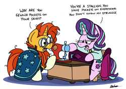 Size: 2354x1660 | Tagged: safe, artist:bobthedalek, imported from derpibooru, starlight glimmer, sunburst, pony, unicorn, atg 2023, beard, clothes, duo, facial hair, jacket, newbie artist training grounds, older, older starlight glimmer, older sunburst, sewing machine, shirt, simple background, skirt, white background