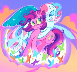 Size: 1600x1496 | Tagged: safe, artist:poppyr0ckz, imported from derpibooru, butterfly, earth pony, pegasus, pony, cloud, duo, g3, open mouth, smiling