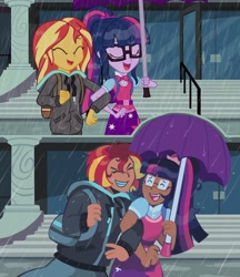 Size: 1252x1450 | Tagged: safe, artist:poppyr0ckz, imported from derpibooru, sci-twi, sunset shimmer, twilight sparkle, human, equestria girls, backpack, clothes, eyes closed, female, glasses, lesbian, open mouth, rain, redraw, scitwishimmer, shipping, smiling, sunsetsparkle, umbrella