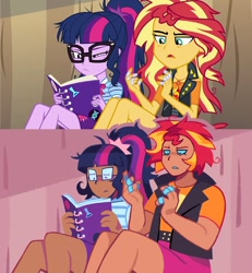 Size: 1250x1350 | Tagged: safe, artist:poppyr0ckz, imported from derpibooru, sci-twi, sunset shimmer, twilight sparkle, human, equestria girls, bandaid, book, clothes, glasses, redraw, sitting