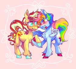 Size: 500x456 | Tagged: safe, artist:furbey, imported from derpibooru, rainbow dash, sunset shimmer, pegasus, pony, unicorn, blushing, colored hooves, crack shipping, duo, female, holding hooves, lesbian, looking at each other, looking at someone, shipping, sunsetdash, tongue out