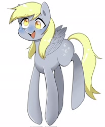 Size: 1698x2048 | Tagged: safe, artist:parappaya, imported from derpibooru, derpy hooves, pegasus, pony, open mouth, open smile, simple background, smiling, solo, white background