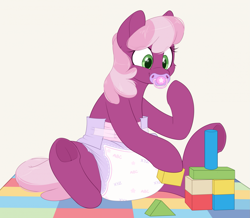 Size: 2057x1791 | Tagged: safe, artist:shuphle, imported from derpibooru, cheerilee, earth pony, pony, adult foal, blocks, cheeribetes, cute, diaper, diaper fetish, eyebrows, eyebrows visible through hair, female, fetish, high res, lying down, pacifier, pen, poofy diaper, simple background, smiling, solo, white background