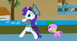 Size: 1230x649 | Tagged: safe, artist:fanvideogames, imported from derpibooru, rarity, spike, dog, pony, anatomically incorrect, bipedal, duo, female, incorrect leg anatomy, letter, mailmare uniform, male