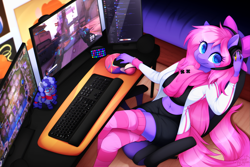 Size: 1620x1080 | Tagged: safe, artist:scarlet-spectrum, imported from derpibooru, oc, oc only, oc:cinnabyte, oc:lillybit, anthro, earth pony, belly button, chair, clothes, commission, female, gamer, gaming chair, gaming headset, headset, keyboard, leaning back, looking at you, midriff, monitor, office chair, plushie, poké ball, pokémon, socks, solo, thigh highs