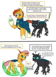 Size: 932x1290 | Tagged: safe, artist:termyotter, imported from derpibooru, sunburst, thorax, changedling, changeling, pony, unicorn, atg 2023, changedlingified, changelingified, newbie artist training grounds, potion, species swap, transformation