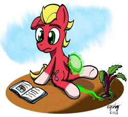 Size: 600x550 | Tagged: safe, artist:ebbysharp, imported from derpibooru, sprout cloverleaf, earth pony, pony, atg 2023, book, bracelet, coat markings, earth pony magic, frown, g5, gardening, jewelry, looking at something, magic, male, newbie artist training grounds, radish, socks (coat markings), solo, stallion