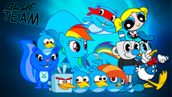 Size: 1192x671 | Tagged: safe, artist:fanvideogames, imported from derpibooru, rainbow dash, angry birds, bubbles (powerpuff girls), crossover, disney, donald duck, female, happy tree friends, male, mugman, the powerpuff girls