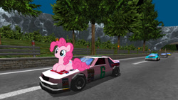 Size: 1189x672 | Tagged: safe, artist:fanvideogames, imported from derpibooru, pinkie pie, car, female, nascar, race track, racecar, racing, video game