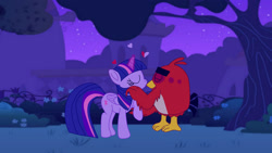 Size: 1192x671 | Tagged: safe, artist:fanvideogames, imported from derpibooru, twilight sparkle, alicorn, angry birds, female, kissing, male, red bird, tree, twilight sparkle (alicorn)