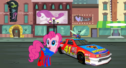 Size: 1217x657 | Tagged: safe, artist:fanvideogames, imported from derpibooru, pinkie pie, car, clothes, female, looking at you, nascar, racecar, racing suit