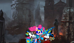 Size: 1166x686 | Tagged: safe, artist:fanvideogames, imported from derpibooru, pinkie pie, armor, armored pony, female, male, mickey mouse, minnie mouse