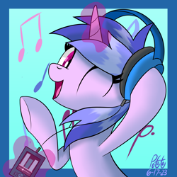 Size: 2000x2000 | Tagged: safe, artist:notadeliciouspotato, imported from derpibooru, sea swirl, seafoam, pony, unicorn, abstract background, atg 2023, blue background, bust, female, gradient background, headphones, high res, magic, mare, mp3 player, newbie artist training grounds, one eye closed, open mouth, open smile, raised hoof, signature, simple background, smiling, solo, telekinesis, wink