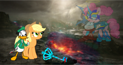 Size: 1230x649 | Tagged: safe, artist:fanvideogames, imported from derpibooru, applejack, pinkie pie, angry, crying, disney, donald duck, female, male, mickey mouse