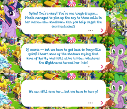 Size: 2045x1760 | Tagged: safe, imported from derpibooru, spike, twilight sparkle, alicorn, chupacabra, dragon, pony, claws, dialogue, dialogue box, english, event, female, folded wings, gameloft, horn, implied pinkie pie, implied rarity, male, mare, mobile game, my little pony: magic princess, official, speech bubble, text, twilight sparkle (alicorn), winged spike, wings