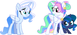 Size: 9849x4449 | Tagged: safe, artist:orin331, artist:shootingstarsentry, imported from derpibooru, princess celestia, princess luna, oc, oc:frostine, alicorn, pony, absurd resolution, base used, blue eyes, colored wings, ear piercing, earring, female, filly, foal, folded wings, gradient wings, hair bun, hiding, jewelry, looking at each other, looking at someone, piercing, pink eyes, raised hoof, simple background, teal eyes, teen celestia, teenager, tiara, transparent background, trio, trio female, wings, woona, young celestia, young luna, younger