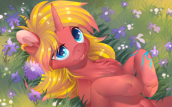 Size: 4000x2500 | Tagged: safe, artist:xvostic, imported from derpibooru, oc, oc:cinnamon swirl, pony, unicorn, :o, ear piercing, earring, flower, grass, jewelry, lying down, on back, open mouth, piercing, scar, solo