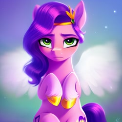 Size: 1024x1024 | Tagged: safe, derpibooru exclusive, imported from derpibooru, pipp petals, pegasus, pony, ai content, ai generated, both cutie marks, coat markings, colored hooves, diadem, female, frown, g5, generator:pony diffusion v4, generator:stable diffusion, gold hooves, headband, hooves, jewelry, looking at you, mare, prompter:siber, regalia, sad, socks (coat markings), solo, spread wings, unshorn fetlocks, wings