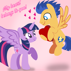 Size: 1400x1400 | Tagged: safe, artist:mlplary6, imported from derpibooru, flash sentry, twilight sparkle, alicorn, pegasus, pony, boyfriend and girlfriend, female, flashlight, flying, heart, looking at each other, looking at someone, love, male, mare, shipping, smiling, smiling at each other, stallion, straight, text, twilight sparkle (alicorn)