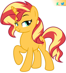 Size: 6600x7369 | Tagged: safe, artist:kuren247, imported from derpibooru, sunset shimmer, pony, unicorn, equestria girls, equestria girls 10th anniversary, eyebrows, female, horn, looking at you, mare, orange fur, raised eyebrow, raised hoof, show accurate, simple background, solo, transparent background, vector