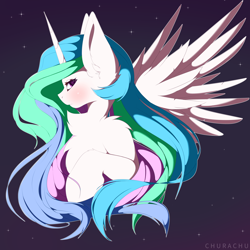 Size: 4000x4000 | Tagged: safe, artist:chura chu, imported from derpibooru, princess celestia, alicorn, pony, blushing, bust, female, fluffy, horn, long hair, long horn, long mane, male, portrait, shading, solo, spread wings, wings