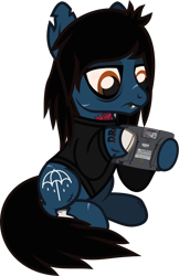 Size: 833x1285 | Tagged: safe, artist:lightningbolt, derpibooru exclusive, imported from derpibooru, earth pony, pony, undead, zombie, zombie pony, .svg available, bags under eyes, bloodshot eyes, bone, bring me the horizon, clothes, fangs, frown, hoof hold, lidded eyes, lip piercing, long sleeves, looking down, male, oliver sykes, piercing, ponified, scar, sega game gear, show accurate, simple background, sitting, solo, stallion, stitches, svg, tattoo, torn ear, transparent background, vector, video game