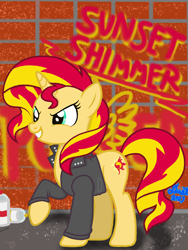 Size: 1536x2048 | Tagged: safe, artist:dust, derpibooru exclusive, imported from derpibooru, sunset shimmer, pony, unicorn, equestria girls, equestria girls (movie), brick wall, caption, clothes, digital art, equestria girls 10th anniversary, evil grin, female, graffiti, grin, image macro, jacket, leather, leather jacket, mare, show accurate, smiling, spray can, text